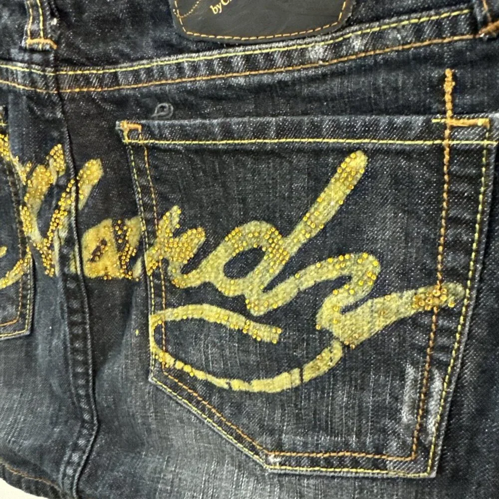 Vintage Ed Hardy Denim Mini Skirt Womens 28 Dark Blue Spell Out Rhinestones‎